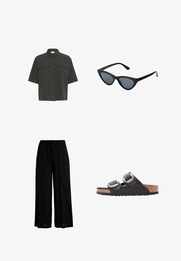 Chemise à manches courtes de couleur vert foncé avec un devant à boutons, deux poches poitrine et un col classique. Fabriquée en tissu léger avec une texture lisse.; Pantalon noir à jambe large en tissu léger, avec une taille élastique et un cordon de serrage, offrant une coupe décontractée et un design drapé.; Sandale noire avec deux sangles ajustables, boucles en argent, et une semelle en liège sur une semelle en caoutchouc noir texturé.; Lunettes de soleil noires en forme d'œil de chat avec des verres gris foncé, monture en plastique élégante, coins pointus et branches droites. Pas de métal visible ni d'accents.