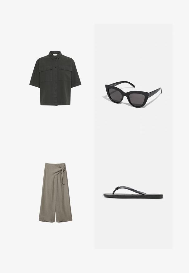 Chemise à manches courtes de couleur vert foncé avec un devant à boutons, deux poches poitrine et un col classique. Fabriquée en tissu léger avec une texture lisse.; Pantalon taupe à jambes larges, taille haute avec un détail de nœud en tissu sur le côté droit.; Tongs en caoutchouc noir avec semelle texturée et bride en forme de Y, vues de côté sur un fond blanc.; Lunettes de soleil noires en forme d'œil de chat avec une finition mate, dotées de verres teintés gris, d'angles aigus et de branches élégantes. Nom de la marque visible sur la branche intérieure.