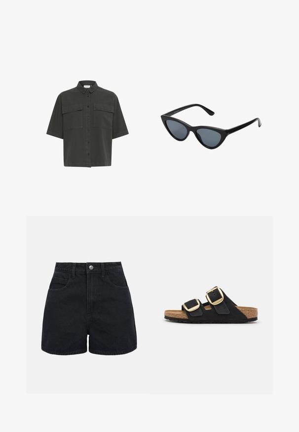 Chemise à manches courtes de couleur vert foncé avec un devant à boutons, deux poches poitrine et un col classique. Fabriquée en tissu léger avec une texture lisse.; Shorts en denim noirs taille haute avec bouton frontal, passants pour ceinture et deux poches avant sur un fond blanc uni.; Sandales à talons en suède noir avec deux larges brides, chacune ornée d'une grande boucle en or et d'une semelle intérieure en liège naturel avec une semelle en caoutchouc texturé.; Lunettes de soleil noires en forme d'œil de chat avec des verres gris foncé, monture en plastique élégante, coins pointus et branches droites. Pas de métal visible ni d'accents.