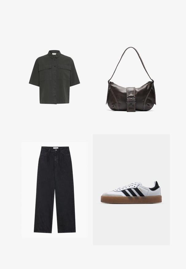 Chemise à manches courtes de couleur vert foncé avec un devant à boutons, deux poches poitrine et un col classique. Fabriquée en tissu léger avec une texture lisse.; Jeans en denim noirs taille haute à jambes larges avec fermeture à bouton et zip à l'avant, passants de ceinture et style à cinq poches.; Baskets en cuir blanc avec des rayures noires, semelle extérieure en caoutchouc beige, bout rond, fermeture lacée et embout en suède gris doux.; Sac à épaule en cuir marron avec une forme courbée, présentant un détail de boucle proéminent, des coutures contrastantes et une seule bandoulière.