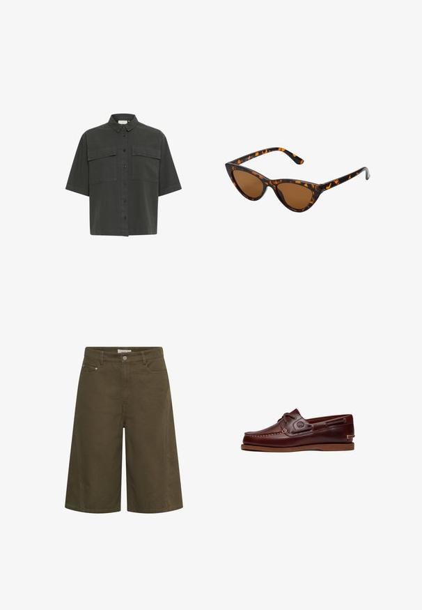 Chemise à manches courtes de couleur vert foncé avec un devant à boutons, deux poches poitrine et un col classique. Fabriquée en tissu léger avec une texture lisse.; Short en denim vert olive taille haute, longueur genou, avec poches avant, passants pour ceinture et fermeture par bouton.; Chaussure bateau en cuir marron avec lacets, détails de couture et logo Timberland sur le côté, présentée sur un fond blanc.; Lunettes de soleil style œil de chat avec une monture en écaille de tortue noire et orange, verres marron et pointes effilées et élégantes. Présente un logo minimaliste sur la branche.