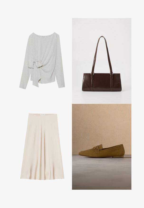 Langsleeve top in lichtbeige linnenmix, met een gedraaide knoopdetails aan één zijde, ronde halslijn en een losse pasvorm.; Een knielang, crèmekleurig rokje gemaakt van gladde stof met een uitlopende ontwerp en een brede tailleband. Geen patronen of versieringen aanwezig.; Bruine suède loafer met gouden metalen gesp zwevend boven een getextureerd beige tapijt, houten ronde salontafel met gestapelde boeken op de achtergrond.; Bruine lakleren handtas met een rechthoekige vorm, twee lange handvatten en subtiele gebogen accenten aan de voorkant.