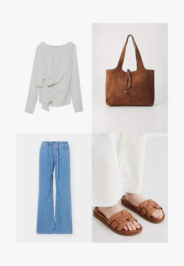 Langsleeve top in lichtbeige linnenmix, met een gedraaide knoopdetails aan één zijde, ronde halslijn en een losse pasvorm.; Lichtblauwe denim jeans met wijde pijpen, elastische taille en koordsluiting, steekzakken vooraan en riemlussen.; Bruine leren slidesandalen met brede kruislussen, een gevoerde zool en een glad oppervlak, gedragen met witte corduroypants.; Bruine suede tote bag met twee lange handvatten, trekkoordsluiting en een gladde textuur. Kenmerkt zich door een eenvoudig ontwerp en minimale accenten.