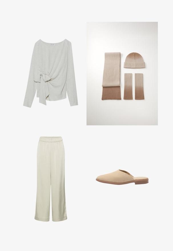 Langsleeve top in lichtbeige linnenmix, met een gedraaide knoopdetails aan één zijde, ronde halslijn en een losse pasvorm.; Lichtbeige wijde broek met elastische tailleband en gladde stof, losse pasvorm en zonder zichtbare zakken of versieringen.; Beige instapper gemaakt van zacht suède met een gladde textuur, een amandelvormige teen en een lage, bruine zool. Eenvoudig en minimalistisch ontwerp.; Beige gebreide muts, sjaal en vingerloze handschoenen. Geribbelde textuur met een verloop van licht naar donker beige. Eenvoudig ontwerp, zonder versieringen.