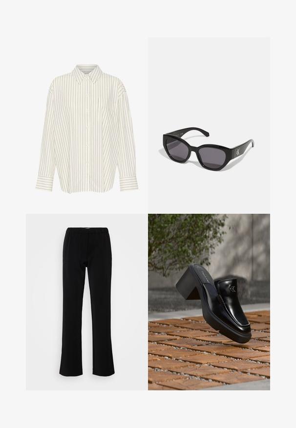 Witte overhemd met smalle zwarte verticale strepen, kraag, lange mouwen, borstzak en recht gesneden met cuffed details.; Zwarte broek met een soepel flared ontwerp, gemaakt van een gladde stof. Heeft een elastische tailleband voor comfort en een strakke, eenvoudige silhouet.; Zwarte leren Calvin Klein slip-on mule met blokhak rustend op houten tegels buiten, vlak bij een groene plant en een grijze muur.; Zwarte zonnebril met een strak, hoekig ontwerp, donkere lenzen en een contrasterend zilveren logo aan de zijkant. Glad kunststof oppervlak.
