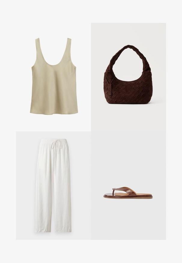 Débardeur beige sans manches avec un col arrondi et un ourlet droit, réalisé en tissu lisse et léger.; Pantalon ample en lin blanc avec taille élastique et cordon, présenté à plat sur un fond neutre.; Tongs en cuir marron avec une bride texturée et une semelle intérieure lisse. Présente un design minimaliste et une semelle plate, adaptées pour un usage décontracté.; Sac à épaule en cuir tressé marron foncé avec une forme douce et arrondie et une large anse, avec une petite étiquette en cuir attachée.