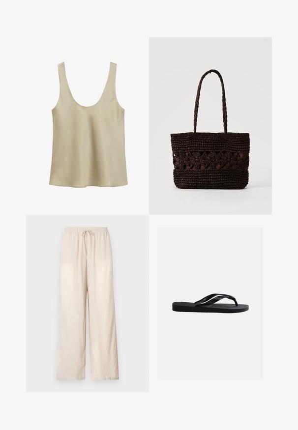 Débardeur beige sans manches avec un col arrondi et un ourlet droit, réalisé en tissu lisse et léger.; Pantalon beige à coupe ample avec taille élastique et cordon de serrage à l'avant, jambes droites, présenté sur un fond clair uni.; Sandale tong noire en caoutchouc avec semelle texturée et brides lisses, vue de côté sur un fond gris clair uni.; Sac fourre-tout tissé brun foncé avec des motifs floraux et deux longues poignées tressées sur un fond clair uni.