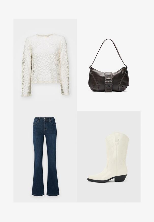 Haut à manches longues en dentelle blanc cassé avec des motifs circulaires, col rond et coupe courte. Caractéristiques d'une texture délicate et d'un éclat subtil.; Jean en denim bleu foncé avec une taille mi-haute, style cinq poches et jambes évasées, présenté à plat sur un fond blanc.; Botte blanche de style western mi-mollet avec bout pointu, talon empilé noir, coutures décoratives et languette de tirage sur la tige.; Sac à épaule en cuir marron avec une forme courbée, présentant un détail de boucle proéminent, des coutures contrastantes et une seule bandoulière.