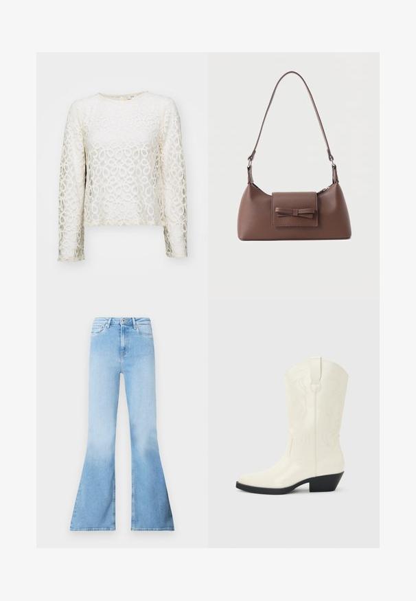 Δαντελωτή μπλούζα με μακριά μανίκια σε off-white χρώμα μ' κυκλικά σχέδια, στρογγυλή λαιμόκοψη και κοντή γραμμή. Χαρακτηρίζει λεπτή υφή και διακριτή γυαλάδα.; Ανοιχτό μπλε παντελόνι τζιν καμπάνα από ντένιμ με ψηλή μέση, που διαθέτει μπροστινές τσέπες και ξεθωριασμένη υφή προς το κάτω μέρος των ποδιών.; Λευκή δυτικότροπη μπότα μέχρι τη μέση της γάμπας με μυτερή μύτη, μαύρο στιβαρό τακούνι, διακοσμητική ραφή και θηλιά για τράβηγμα στον άξονα.; Καφέ δερμάτινη τσάντα ώμου με μπροστινή τσέπη με καπάκι, διακοσμημένη με ραμμένη λεπτομέρεια φιόγκου και ρυθμιζόμενο λουρί.
