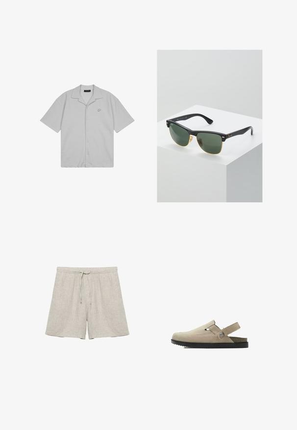 Chemise gris clair à manches courtes avec boutons sur le devant, col ouvert et petit logo "P" sur la poitrine gauche.; Shorts en lin beige clair avec taille élastique et cordon de serrage, coupe droite, sans marque visible ni motifs.; Sandale beige en daim à enfiler avec semelle noire, bride arrière réglable avec bouton et bout fermé sur fond blanc.; Lunettes de soleil Ray-Ban avec des verres verts, monture en plastique noir et accents dorés sur les bords. Forme carrée avec une finition mate.