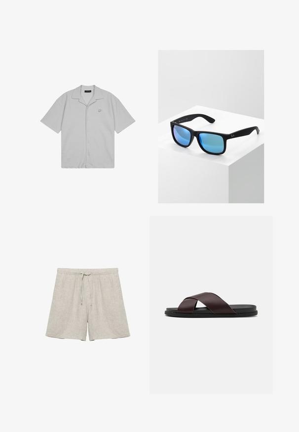 Chemise gris clair à manches courtes avec boutons sur le devant, col ouvert et petit logo "P" sur la poitrine gauche.; Shorts en lin beige clair avec taille élastique et cordon de serrage, coupe droite, sans marque visible ni motifs.; Sandale à glissière à lanières croisées de couleur marron, dotée d'une finition mate, d'une semelle noire plate et d'une texture lisse. Design minimaliste sans matériel visible.; Lunettes de soleil noires rectangulaires avec des verres miroir bleus. Présentent une finition mate et le logo Ray-Ban sur les branches.