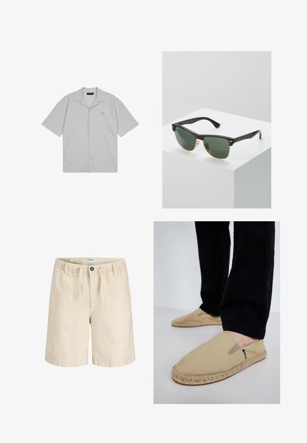 Chemise gris clair à manches courtes avec boutons sur le devant, col ouvert et petit logo "P" sur la poitrine gauche.; Shorts beiges en tissu léger, dotés d'une taille élastique avec cordon de serrage, d'un bouton avant et de poches latérales.; Chaussures slip-on en toile beige avec des goring élastiques, semelle en corde de jute et coutures contrastantes. Portées avec un pantalon noir fuselé.; Lunettes de soleil Ray-Ban avec des verres verts, monture en plastique noir et accents dorés sur les bords. Forme carrée avec une finition mate.