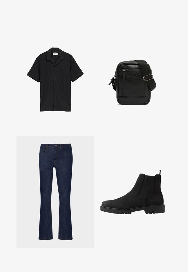 Schwarz Kurzarmhemd mit Knopfverschluss vorne, strukturiertem Stoff mit subtiler Musterung und klassischem Kragen.; Dunkelblaue Jeans mit Schlag, mittelhoher Taille, fünf Taschen und kontrastierenden Nähten. Glatte Textur mit minimalen Gebrauchsspuren.; Pier One UNISEX - Stiefelette - black; Schwarze Crossbody-Tasche aus strukturiertem Leder mit vorderer Reißverschlusstasche und verstellbarem, breitem Stoff-Schulterriemen.