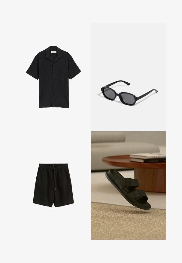 Schwarz Kurzarmhemd mit Knopfverschluss vorne, strukturiertem Stoff mit subtiler Musterung und klassischem Kragen.; Schwarze Herren-Freizeithosen mit elastischem Bund, vorderem Kordelzug und großen Vorder- taschen.; Schwarze Sandale mit doppeltem Riemen und Schnallen auf einem beigen gewebten Teppich, runder Holztisch mit gestapelten Büchern im Hintergrund.; Zign Sonnenbrille - black