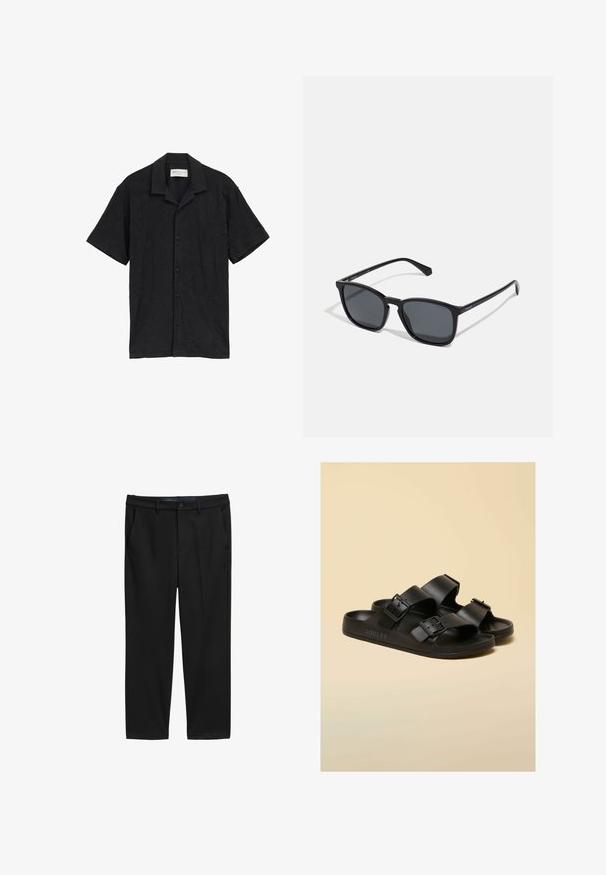 Schwarz Kurzarmhemd mit Knopfverschluss vorne, strukturiertem Stoff mit subtiler Musterung und klassischem Kragen.; Schwarze Hose mit geradem Schnitt aus strukturiertem Stoff. Besitzt zwei Fronttaschen und einen Knopfverschluss an der Taille.; Schwarze Slip-On-Sandalen mit zwei breiten, verstellbaren Schnallenriemen, strukturiertem Sohlenprofil und "Joules"-Markenlogo an der Seite.; Schwarze rechteckige Sonnenbrille mit dunklen Gläsern, schlanken Kunststoffgestellen und geraden Bügeln. Mit einem subtilen Logo an der Seite.