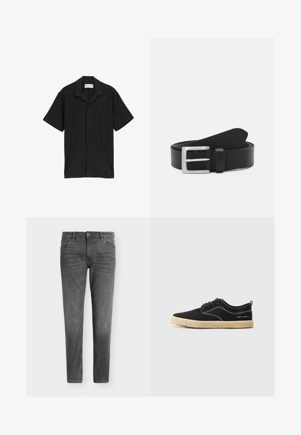 Schwarz Kurzarmhemd mit Knopfverschluss vorne, strukturiertem Stoff mit subtiler Musterung und klassischem Kragen.; Schmal geschnittene graue Denim-Jeans mit vorderer Knopf- und Reißverschluss, Gürtelschlaufen und Fünf-Taschen-Design vor schlichtem weißem Hintergrund.; Schwarze Leinenschuhe mit weißen Nähten, runder Spitze und einer strukturierten, hellbraunen Espadrille-Sohle. Verfügt über schwarze Schnürsenkel und eine braune Fersenkappe.; Schwarzer Leder Gürtel mit glatter Textur, silberner rechteckiger Schnalle und einer Schlaufe für das Ende. Verfügt über eine saubere Naht entlang der Kanten.