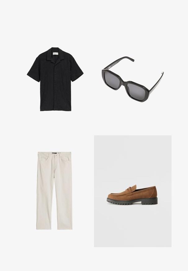 Schwarz Kurzarmhemd mit Knopfverschluss vorne, strukturiertem Stoff mit subtiler Musterung und klassischem Kragen.; Beige straight-leg Jeans mit Fronttaschen, Gürtelschlaufen, Knopfverschluss und einem sichtbaren Markenlabel innen im Bund.; Braune Wildlederslipper mit runder Zehenpartie und einer niedrigen schwarzen Gummisohle, die über einen dekorativen Riemen und Nähte auf dem Obermaterial verfügt.; Schwarze Sonnenbrille mit einem geometrischen Rahmen, dunklen Gläsern und eleganten Bügeln. Texturierte Akzente entlang des Rahmens schaffen visuelles Interesse.