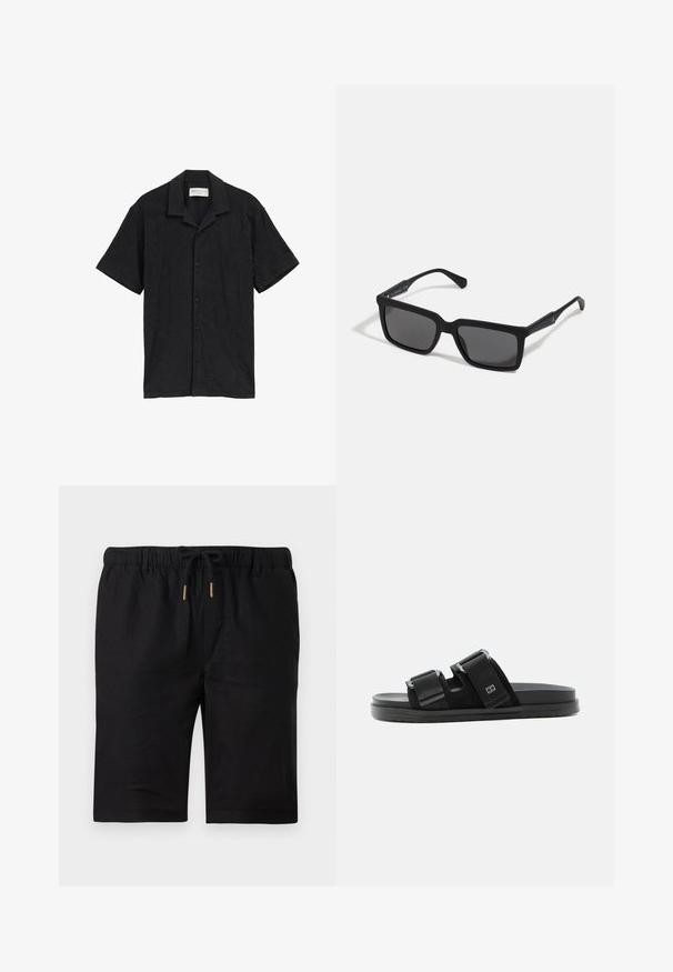 Chemise noire à manches courtes avec un devant à boutons, en tissu texturé avec un motif subtil et un col classique.; Shorts noirs longueur genou avec taille élastique, cordon noir à embouts métalliques dorés, et passants de ceinture sur fond blanc.; Sandale à glissière noire avec deux sangles réglables et boucles, semelle plate, et petit logo rectangulaire sur la sangle supérieure.; Lunettes de soleil noires avec des verres rectangulaires, finition mate, épaisses montures et branches fines comprenant un subtil détail de marque.