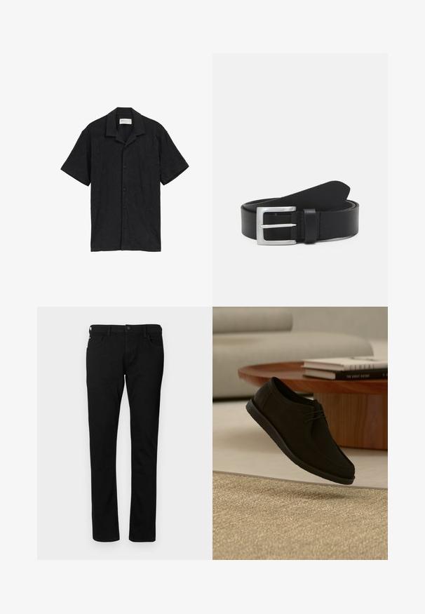Chemise noire à manches courtes avec un devant à boutons, en tissu texturé avec un motif subtil et un col classique.; Jean en denim noir à coupe ajustée, avec poches avant, passants de ceinture et fermeture à bouton. Texture lisse avec une couleur unie.; Chaussure noire en cuir à lacets flottant au-dessus d'un tapis beige texturé, avec une table ronde en bois et des livres empilés en arrière-plan en léger flou.; Ceinture en cuir noir avec une texture lisse, boucle rectangulaire en argent et une boucle pour l'extrémité. Présente des coutures soignées le long des bords.