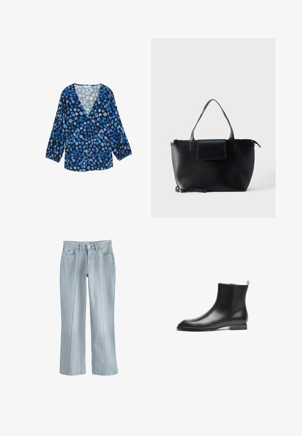 Blauwe en zwarte blouse met een V-hals, lange pofmouwen en een stippenpatroon in verschillende tinten blauw. Lichtgewicht stof met een zachte textuur.; Lichtblauwe denim jeans met een rechte pasvorm, voor- en achterzakken, riemlussen en een knoopsluiting in de taille.; Zwarte leren enkelboot met een gladde textuur, puntige neus, minimalistisch ontwerp en een lage vierkante hak. Inclusief een achterste treklus voor gemakkelijk aan- en uittrekken.; Zwarte leren totebag met twee handvatten, een afneembare band, magnetische klepsluiting en een gladde textuur. Rits aan de bovenzijde en sierstiksels.