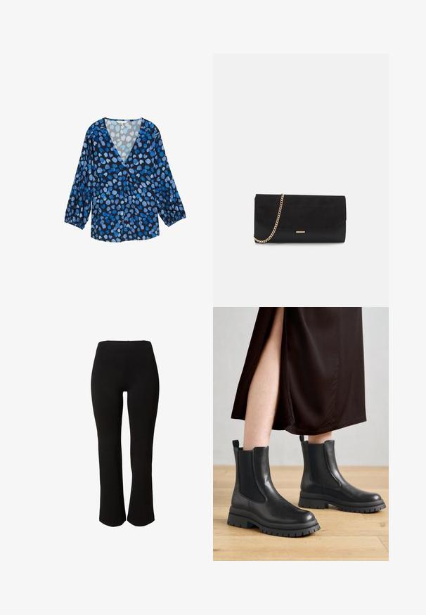 Blauwe en zwarte blouse met een V-hals, lange pofmouwen en een stippenpatroon in verschillende tinten blauw. Lichtgewicht stof met een zachte textuur.; Zwarte, hooggetailleerde, rechte broek met een aansluitende taille en lichte uitlopende pijpen onderaan op een witte achtergrond.; Zwarte leren enkellaarsjes met elastische zijpanelen, grove rubberen zolen en hiel-lusstabs; gecombineerd met een donkerbruine midijurk.; Zwarte clutch tas gemaakt van suede met een textuurafwerking, voorzien van een gouden schouderband en een strakke, hoekige vorm.