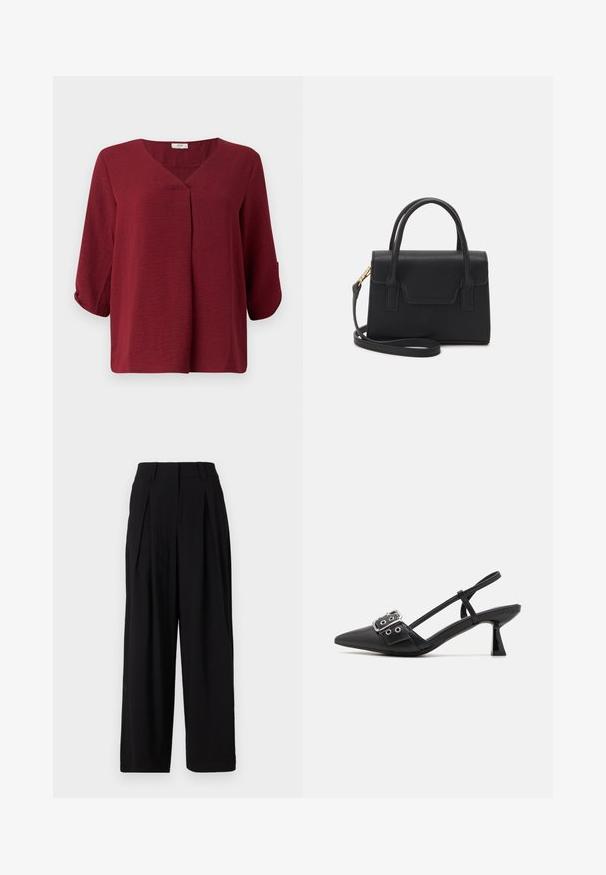 Blusa burdeos de manga tres cuartos con escote en V y detalle de pliegue en el frente. Confeccionada en una tela ligera y texturizada con un corte relajado.; Pantalones de pierna ancha negros, hechos de una tela suave, con una cinturilla alta, pliegues en la parte delantera y una silueta fluida.; Simmi London DALA - Tacones - black; Bolso estructurado negro de cuero con un asa superior, correa de hombro desmontable y un detalle de tapa en la parte frontal. Acentos en dorado.