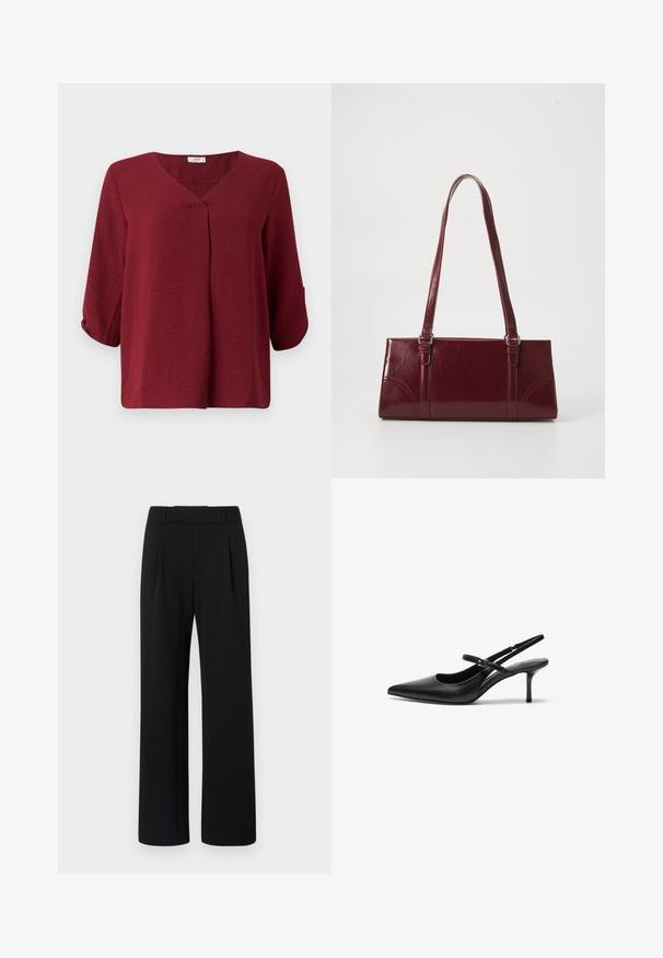 Blusa burdeos de manga tres cuartos con escote en V y detalle de pliegue en el frente. Confeccionada en una tela ligera y texturizada con un corte relajado.; Pantalones negros de pierna ancha hechos de un tejido suave; cuentan con una cinturilla con pasadores para cinturón y pliegues frontales; diseño limpio y ajustado.; Zapatos de tacón slingback de cuero negro con punta afilada, correa ajustable delgada y un tacón de aguja de aproximadamente 5 cm, textura suave.; Bolso burdeos hecho de material brillante, de forma rectangular, con dos asas para el hombro y sutiles acentos curvados en la parte frontal.