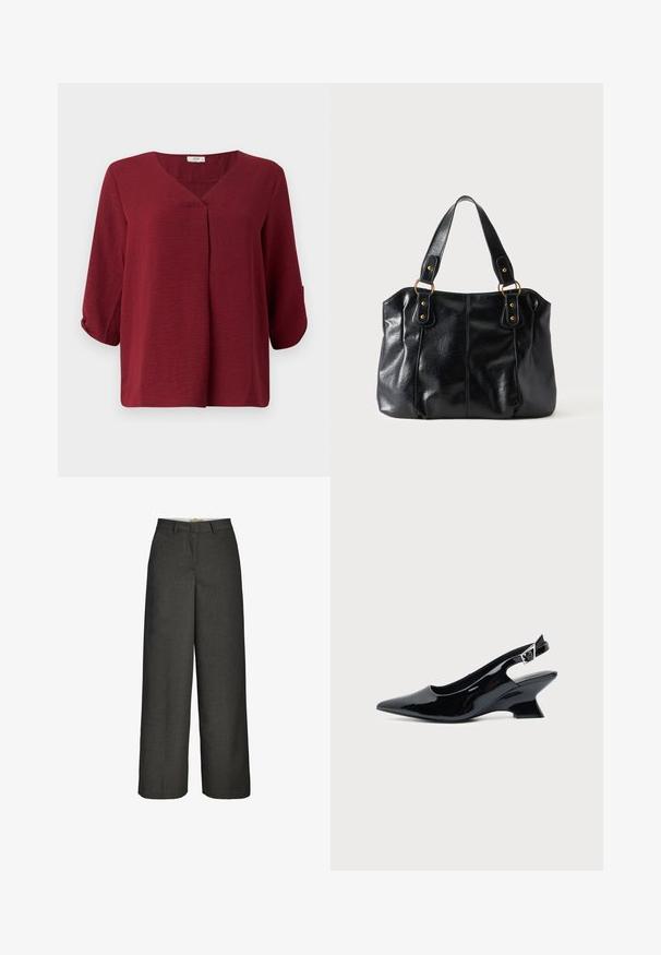 Blusa burdeos de manga tres cuartos con escote en V y detalle de pliegue en el frente. Confeccionada en una tela ligera y texturizada con un corte relajado.; Pantalones anchos de color gris oscuro con trabillas para cinturón y cierre delantero con cremallera, mostrados sobre un fondo blanco.; Zapato slingback de cuero charol negro con puntera puntiaguda y tacón bajo en bloque inclinado sobre fondo claro liso.; Bolso de cuero negro para el hombro con doble asa unida por anillas y remaches dorados, superficie lisa y ligeramente brillante, diseño sencillo.