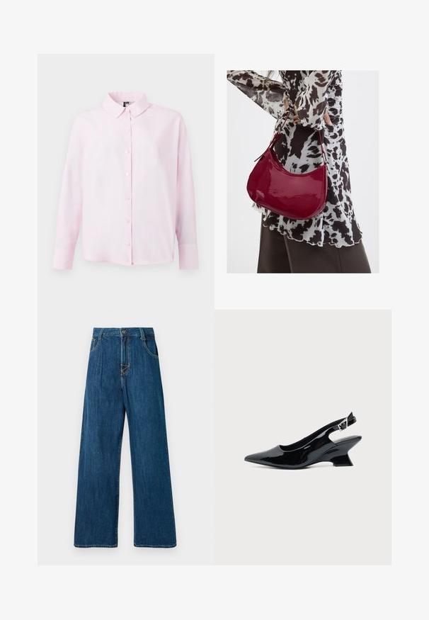 Heledad roosa pikkade varrukatega särk, nupuga ees, klassikaline krae, pehmest kangast, lõdva istuvusega ja sileda tekstuuriga.; Tumedaheline denim püksid sügavas sinises, nupuga kinnitamine, viie taskuga ja nähtavate õmbluste detailidega. Sile tekstuur. Iludetailide puudumine.; Mustast lakknahast slingback king, millel on terav nina ja madal kalle plokktald, ühtlase heleda taustaga.; Naine, kes kannab must-valget mustriga pluusi ja hoiab läikivat punast õlakotti ühevärvilise tausta ees.
