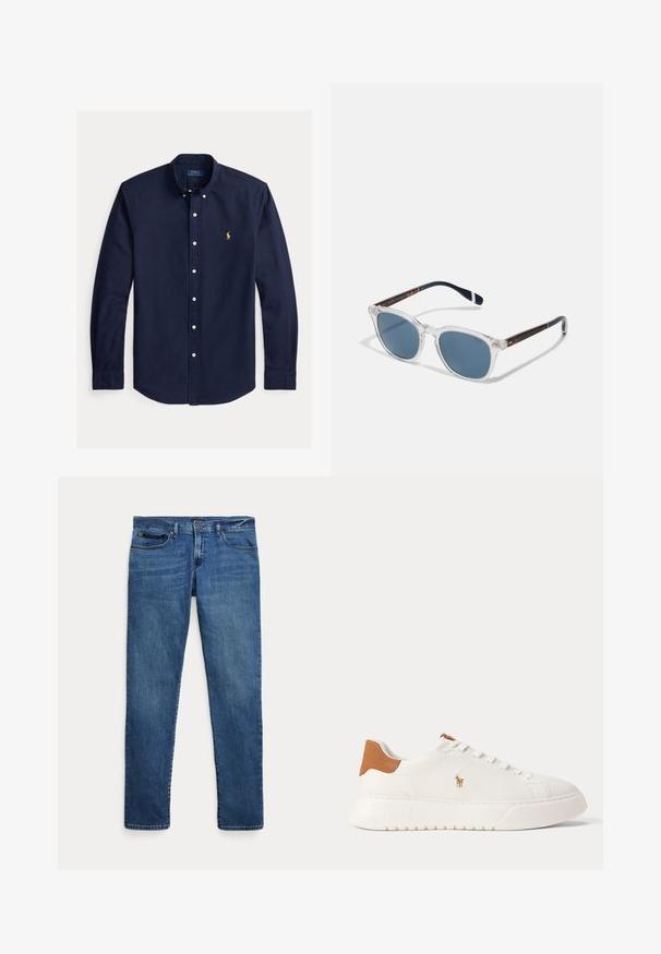Marineblaues langärmliges Hemd mit Knopfleiste, Button-Down-Kragen und kleinem gelben Polo Ralph Lauren Logo auf der linken Brust.; Blaue Jeans aus Denim mit schmalem Schnitt, ausgestattet mit vorderen Taschen, Gürtelschlaufen und einem Knopfverschluss vor weißem Hintergrund.; Weißer Sneaker mit niedrigem Schaft, beige Fersenlasche, weißen Schnürsenkeln und kleinem, besticktem Polospieler-Logo an der Seite über einer dicken Sohle.; Polo Ralph Lauren 0PH4206 - Sonnenbrille - shiny/transparent