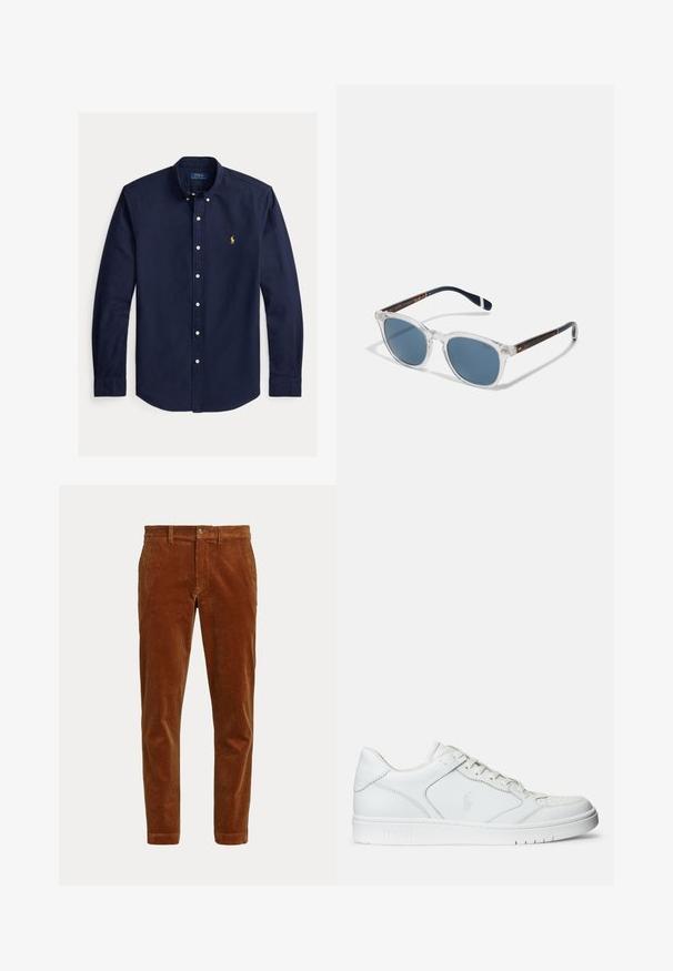 Marineblauw overhemd met lange mouwen en knopen, een button-down kraag en een klein geel Polo Ralph Lauren-logo op de linkerborst.; Bruine slim-fit corduroy broek met riemlussen, een knoopsluiting en twee zijzakken, getoond op een witte achtergrond.; Witte leren sneaker met een gladde textuur, voorzien van een geperforeerde neus, vetersluiting en geborduurde logo aan de zijkant. Witte rubberen zool.; Polo Ralph Lauren 0PH4206 - Zonnebril - shiny/transparent