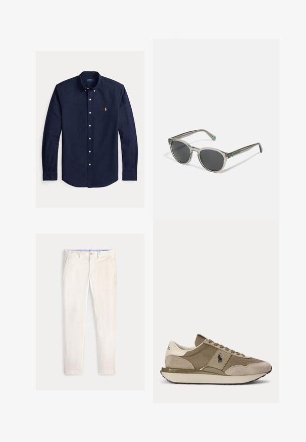 Mørkeblå skjorte med lange ærmer, knapper foran, knappede kraver og lille gul Polo Ralph Lauren logo på venstre bryst.; Herre slim-fit off-white bukser med frontlommer, bæltestropper og knaplukning på en ensfarvet baggrund.; Sidevisning af beige og brun sneaker med ruskindsdetaljer og Polo-logo på siden mod en ensfarvet baggrund.; Gennemsigtige grå solbriller med mørke linser, rund ramme og grønne accenter på stængerne. Har en poleret overflade for en glat tekstur.