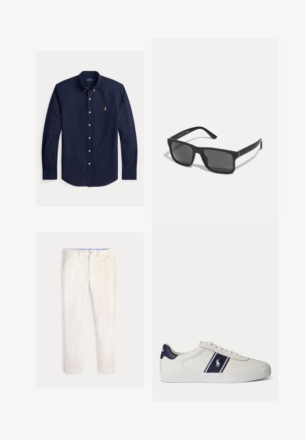 Marineblaues langärmliges Hemd mit Knopfleiste, Button-Down-Kragen und kleinem gelben Polo Ralph Lauren Logo auf der linken Brust.; Herren Slim-Fit-Hose in Off-White mit Fronttaschen, Gürtelschlaufen und Knopfverschluss vor einfarbigem Hintergrund.; Weißer niedriger Sneaker mit dunkelblauem Streifen und Logo an der Seite sowie dunkelblauer Fersenschlaufe, flacher weißer Sohle und weißen Schnürsenkeln.; Schwarze rechteckige Sonnenbrille mit dunklen Gläsern und matter Oberfläche. Enthält das eingeprägte "POLO"-Logo an den Bügeln und ein robustes Rahmendesign.