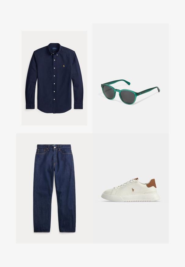 Tmavomodrá košeľa s dlhým rukávom na gombíky s golierom na gombíky a malým žltým logom Polo Ralph Lauren na ľavej strane hrudníka.; Tmavomodré riflové nohavice s priamymi nohavicami, piatimi vreckami, zapínaním na gombíky a viditeľným šitím.; Biely nízky teniska s hnedou pätkou, šnurovaním vpredu, hrubou podrážkou a malým vyšívaným logom koňa na boku.; Zelené priesvitné slnečné okuliare s okrúhlymi rámami, tmavými sklami a rovnými ramienkami, ktoré majú jemnú textúru a farebné akcenty.
