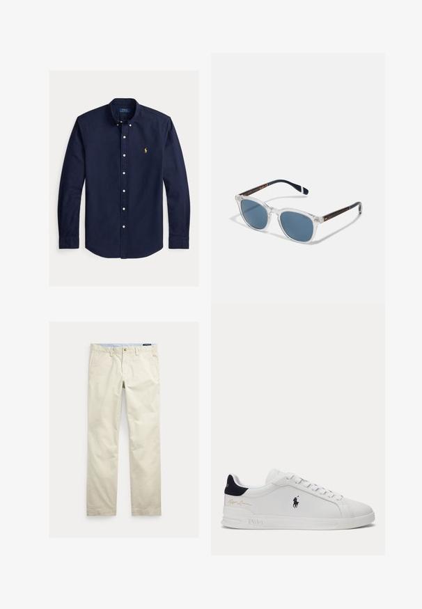 Marineblaues langärmliges Hemd mit Knopfleiste, Button-Down-Kragen und kleinem gelben Polo Ralph Lauren Logo auf der linken Brust.; Beige Baumwollhosen mit geradem Bein, Gürtelschlaufen, vorderem Knopf, Reißverschluss und Seitentaschen.; Weißer Low-Top-Sneaker mit schwarzem Polospieler-Logo an der Seite, navyfarbener Fersenschlaufe, weißen Schnürsenkeln und "Ralph Lauren" goldener Signatur nahe der Ferse; Polo Ralph Lauren 0PH4206 - Sonnenbrille - shiny/transparent