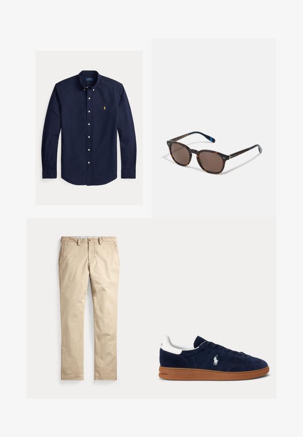 Tmavomodrá košeľa s dlhým rukávom na gombíky s golierom na gombíky a malým žltým logom Polo Ralph Lauren na ľavej strane hrudníka.; Béžové chinos nohavice s plochým predným dielom, pútkami na opasok, bočnými vreckami a zapínaním na gombík v páse na bielom pozadí.; Tmavomodrá semišová teniska s bielou opätkovou záložkou, vyšívaným logom na boku, hnedou gumovou podrážkou a čiernymi šnúrkami.; Slnko-glóny z korytnačovými vzormi s tmavohnedými šošovkami, štvrtcovými rámami, kovovými akcentmi a námorníckymi modrými koncami ramienka majú logo po boku.