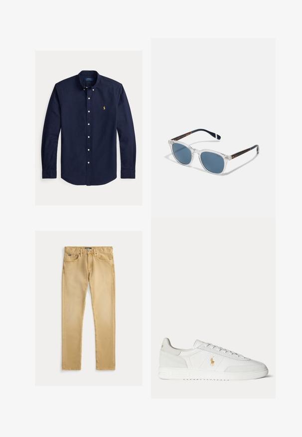 Marineblaues langärmliges Hemd mit Knopfleiste, Button-Down-Kragen und kleinem gelben Polo Ralph Lauren Logo auf der linken Brust.; Beige Baumwolljeans mit schlanker Passform, fünf Taschen-Design und sichtbaren Nähten. Verfügt über einen Metallknopf und ein Etikett am Bund.; Weißer Sneaker in niedriger Ausführung mit Schnürdesign, goldenem Polo Ralph Lauren Logo an der Seite und strukturierter Sohle auf einfarbigem Hintergrund.; Polo Ralph Lauren 0PH4206 - Sonnenbrille - shiny/transparent