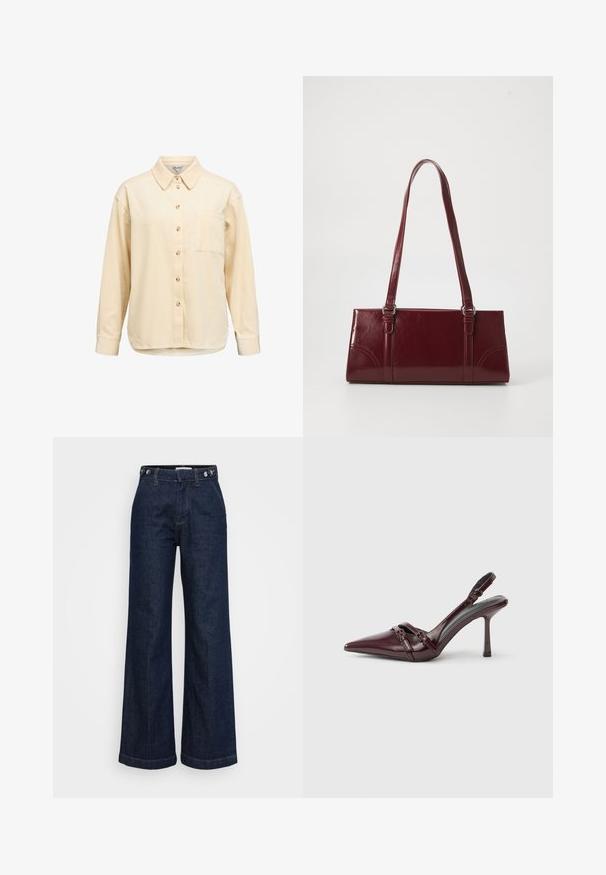 Chemise à manches longues, boutonnée, en velours côtelé beige clair avec col, poche poitrine unique et texture côtelée. Boutons en bois en détail.; Jeans évasés taille haute bleu foncé avec des réglages à boutons sur la ceinture, poches avant et fermeture à glissière.; Escarpin slingback en cuir verni bordeaux avec bout pointu, fine bride à la cheville et petit détail décoratif de boucle. Texture lisse et talon haut.; Sac à main bordeaux en matériau brillant, de forme rectangulaire, avec deux anses et des accents légèrement courbés à l'avant.