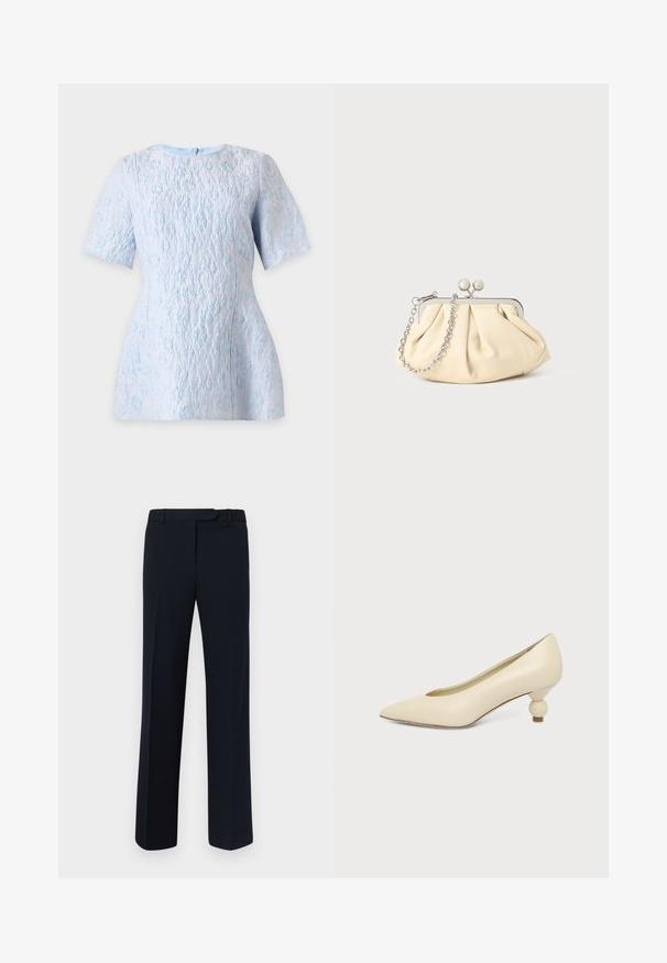Blouse bleu clair texturée à manches courtes avec un motif floral subtil, encolure bateau et fermeture éclair au dos.; Pantalons ajustés navy en tissu lisse, avec une coupe droite, des passants de ceinture et des détails de pince à l'avant.; Chaussure femme couleur crème à bout pointu avec un petit talon rond en forme de boule, sur fond uni.; Pochette en cuir beige plissé avec un cadre en métal argenté, dotée de deux fermoirs ronds décoratifs et d'une chaîne en argent.