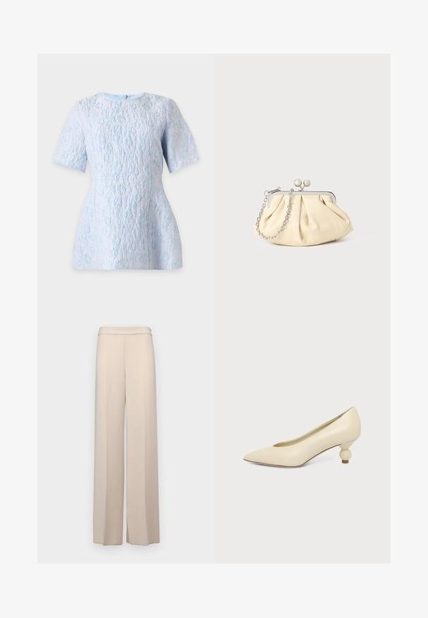 Blouse bleu clair texturée à manches courtes avec un motif floral subtil, encolure bateau et fermeture éclair au dos.; Pantalons larges beiges en tissu lisse, dotés d'une taille haute et de plis avant discrets. Pas de poches ni de détails en matériel visibles.; Chaussure femme couleur crème à bout pointu avec un petit talon rond en forme de boule, sur fond uni.; Pochette en cuir beige plissé avec un cadre en métal argenté, dotée de deux fermoirs ronds décoratifs et d'une chaîne en argent.