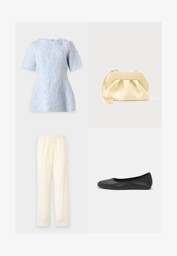 Blouse bleu clair texturée à manches courtes avec un motif floral subtil, encolure bateau et fermeture éclair au dos.; Pantalon droit couleur crème avec taille élastique et cordon de serrage, présenté sur un fond uni.; Ballerines en cuir noir avec un bout rond, texture lisse, détails de couture minimalistes et design de semelle flexible.; Pochette en cuir couleur crème avec un cadre supérieur structuré et une lanière pour poignet, présentée sur un fond clair uni.