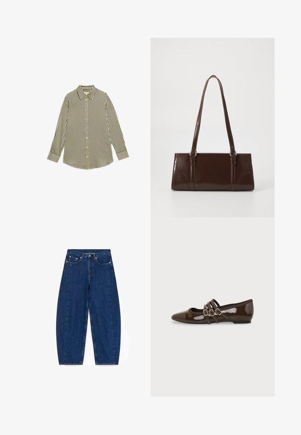 Overhemd met knopen, voorzien van verticale zwarte en crèmekleurige strepen, een klassieke kraag en lange mouwen met knoopmanchetten en een gebogen zoom.; Donkerblauwe denim wijde pijpen jeans met een hoge taille, vijf zakken en zilverkleurige hardware. Heeft zichtbare stiksels en een gladde textuur.; Call it Spring KAMELIE - Ballerina's met enkelbandjes - dark brown synthetic; Bruine lakleren handtas met een rechthoekige vorm, twee lange handvatten en subtiele gebogen accenten aan de voorkant.