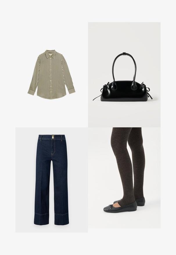 Både skjorte med lodrette sorte og creme striber, en klassisk krave og lange ærmer med knaplukning samt en buet kant.; Mørkeblå højtaljede brede jeans med dobbelte guldknapper og synlig orange syning på en lys baggrund.; Ben iført mørke ribbede leggings kombineret med sorte balletsko med små sløjfedetaljer på hvid baggrund.; Lille sort blank håndtaske med to lange håndtag og snøre-detaljer i siden på en ensfarvet lys baggrund.