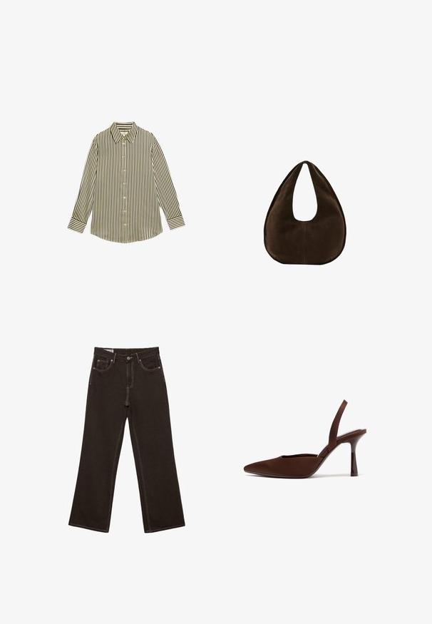 Både skjorte med lodrette sorte og creme striber, en klassisk krave og lange ærmer med knaplukning samt en buet kant.; Sorte jeans med vide ben og kontrastfuld hvid syning, frontknap, lynlåslukning og fem-lommer design.; Brun højhælet sko med spidst tåparti og slingback med en slank, buet hæl, fotograferet på en hvid baggrund.; Mørkebrun ruskind skuldertaske formet som en halvmåne med en bred rem og glat tekstur på en hvid baggrund.