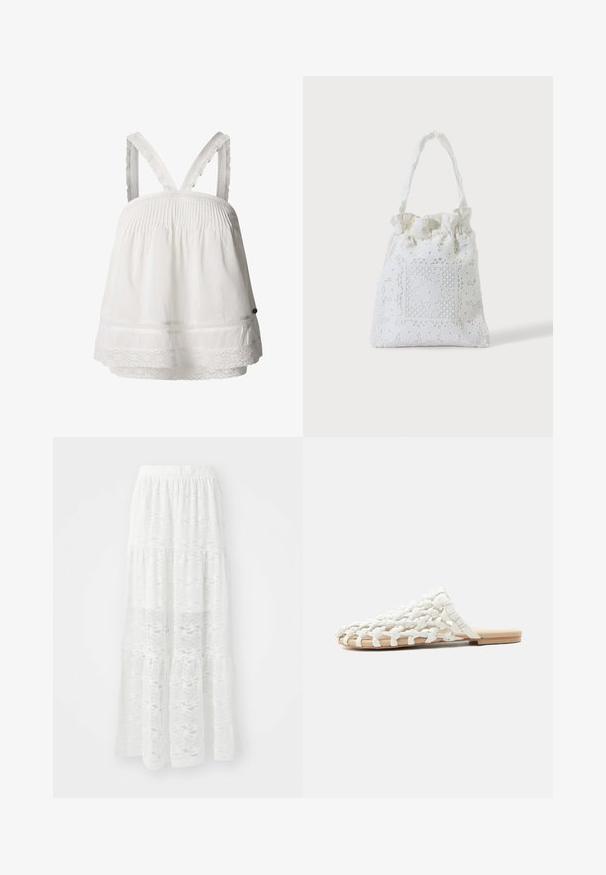 Top blanco de algodón con detalle de smocking, encaje en el dobladillo y tirantes ajustables con volantes. Tejido ligero, corte relajado.; Falda maxi blanca en capas hecha de tela de encaje, con un patrón ondulado y una cintura elástica. Diseño ligero y fluido ideal para climas cálidos.; Sandalia blanca tejida tipo slip-on con suela plana de color tostado y parte superior de tela trenzada, diseñada para uso casual.; Bolsa de tela blanca con bordado floral de encaje y una asa superior fruncida, mostrada sobre un fondo claro y liso.
