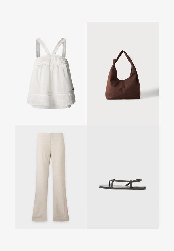 Top blanco de algodón con detalle de smocking, encaje en el dobladillo y tirantes ajustables con volantes. Tejido ligero, corte relajado.; Pantalón de lino beige de pierna recta y cierre frontal oculto, expuesto de forma plana sobre un fondo claro liso. Sin bolsillos ni detalles visibles.; Sandalias planas negras con tiras delgadas y texturizadas en un diseño minimalista. La suela es lisa y la forma general es elegante y sobria.; Bolso de tela marrón con textura y un solo asa atada en un nudo, mostrado sobre un fondo claro y liso.
