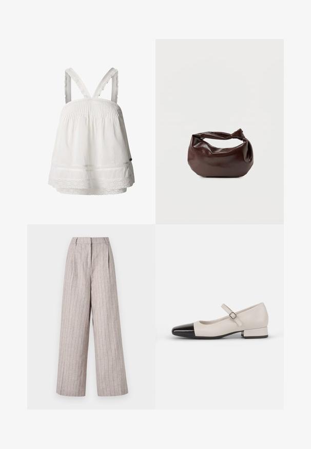 Top blanco de algodón con detalle de smocking, encaje en el dobladillo y tirantes ajustables con volantes. Tejido ligero, corte relajado.; Pantalones de pierna ancha en gris claro, hechos de una tela texturizada con rayas verticales. Presentan una cintura alta y pliegues delanteros para un estilo adicional.; Zapato estilo Mary Jane en cuero crema con puntera de charol negro. Presenta una punta redonda, tirante en el tobillo con una hebilla cuadrada y un tacón bajo y cuadrado.; Bolso de hombro de cuero marrón oscuro con una forma suave y caída, y un asa con nudo torcido sobre un fondo blanco liso.