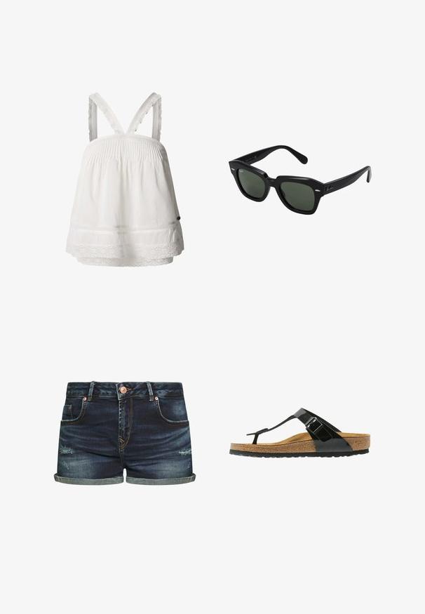 Top blanco de algodón con detalle de smocking, encaje en el dobladillo y tirantes ajustables con volantes. Tejido ligero, corte relajado.; LTB JUDIE - Shorts vaqueros - dark blue denim; Sandalia tipo thong de charol negro con hebilla ajustable, plantilla de corcho y suela de goma. Presenta un diseño elegante con una plantilla texturizada.; Gafas de sol cuadradas negras con lentes verde oscuro, con montura audaz y acentos plateados en los laterales. Fabricadas en Italia.