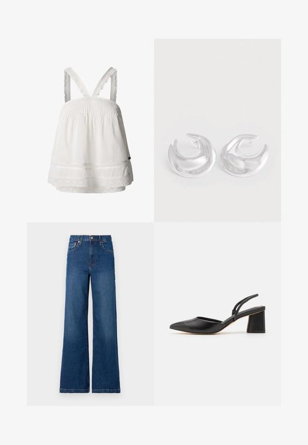 Weißes Baumwolloberteil mit Rüschendetail, Spitzensaum am Saum und verstellbaren Rüschenträgern. Leichter Stoff, lockere Passform.; GAP STRIDE SUTTON - Wide Leg - dark wash; Schwarzer Slingback-Schuh aus Leder mit spitzer Zehe, niedrigem Blockabsatz und minimalistischem Design mit dünnen Riemen und glatter Textur.; Ein Paar polierter, silberner, mondförmiger Creolen mit einer glatten, reflektierenden Oberfläche auf einem weißen Hintergrund.