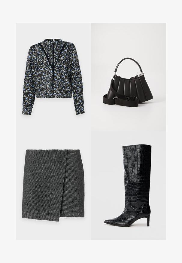 Sort blomstret bluse med lyseblå og grønne mønstre, lange ærmer, høj halsudskæring og en central lukning med blonde detaljer.; Grå nederdel med fiskebensmønster og omslag design, der har en struktureret stof og en ren, lige kant.; Sorte knæhøje støvler med en blank, krokodillemønstret tekstur, spids tå og en affaset hæl. Glat syntetisk materiale.; Sort plisseret handbag med et rundet håndtag, justerbar rem og blank overflade. Har sølvfarvet hardware og en struktureret silhuet.